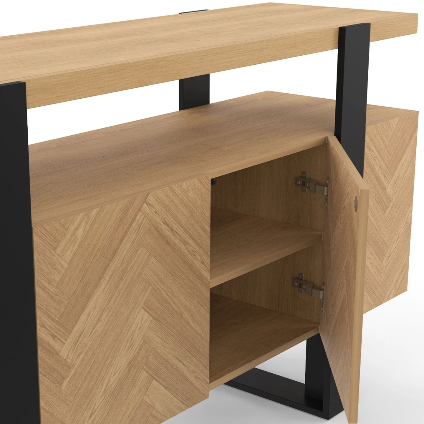 Buffet 140 cm CASSIUS 4 portes effet chevrons et noir