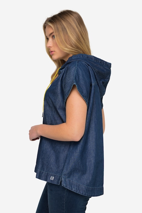 Jeansbluse, Kapuze, V-Ausschnitt