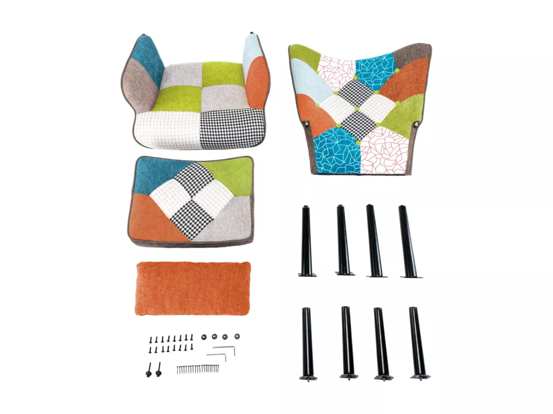 Fauteuil Salon Patchwork avec Repose Pieds en Tissu Lin Multicouleur, Fauteuil Scandinave en Bois Massif avec Support Lombaire, Lin