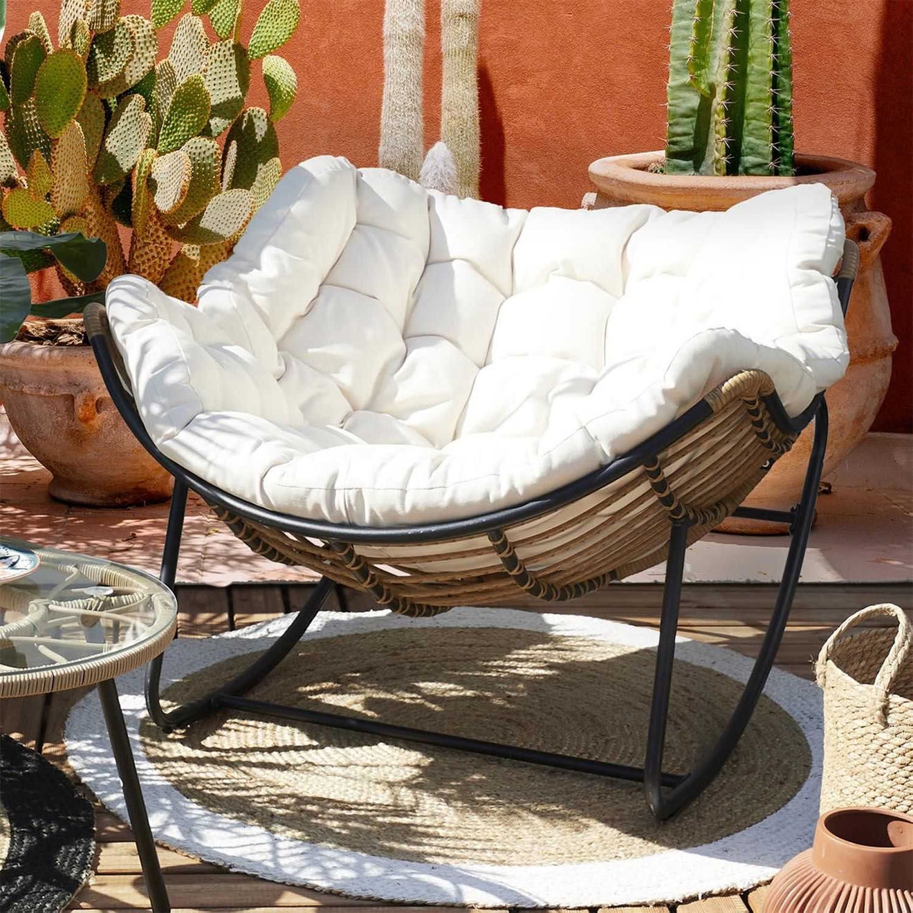 Home Deco Factory Fauteuil à bascule Tulum coussin marron/noir/beige - 96x73x114 cm