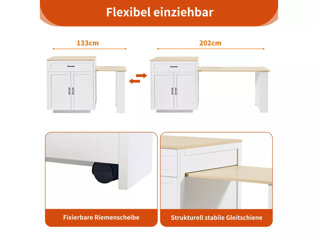 Îlot de cuisine moderne - 133-202 x 70 x 93,5 cm - 2 tiroirs et 2 compartiments pour 2-6 personnes, MDF, Blanc