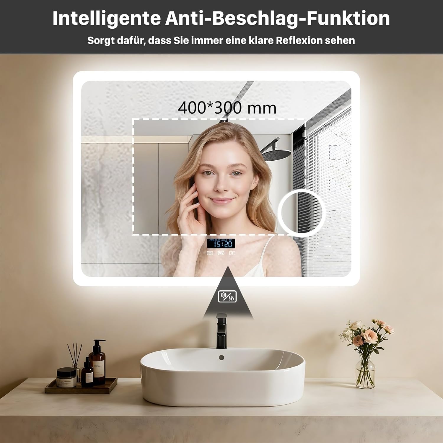 LUVODI Badspiegel mit Beleuchtung Bluetooth: 80x60cm Led Spiegel mit 3-Fach Schminkspiegel und Uhr, 3 Lichtfarbe Einstellbare Badezimmerspiegel Beschlagfrei Speicherfunktion, Wandspiegel