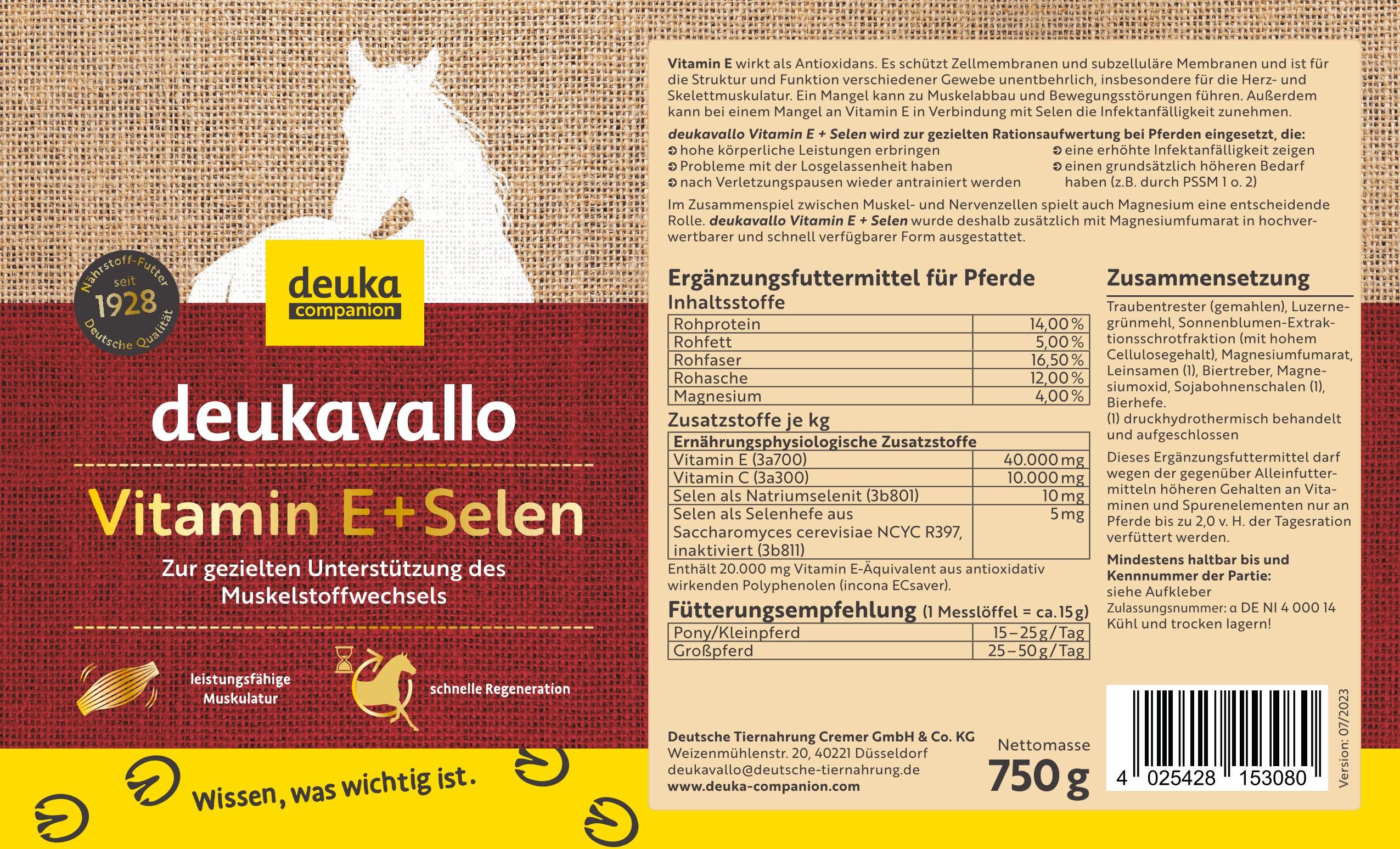 deukavallo Vitamin E + Selen - Supplement für Pferde zur Unterstützung des Muskelstoffwechsels