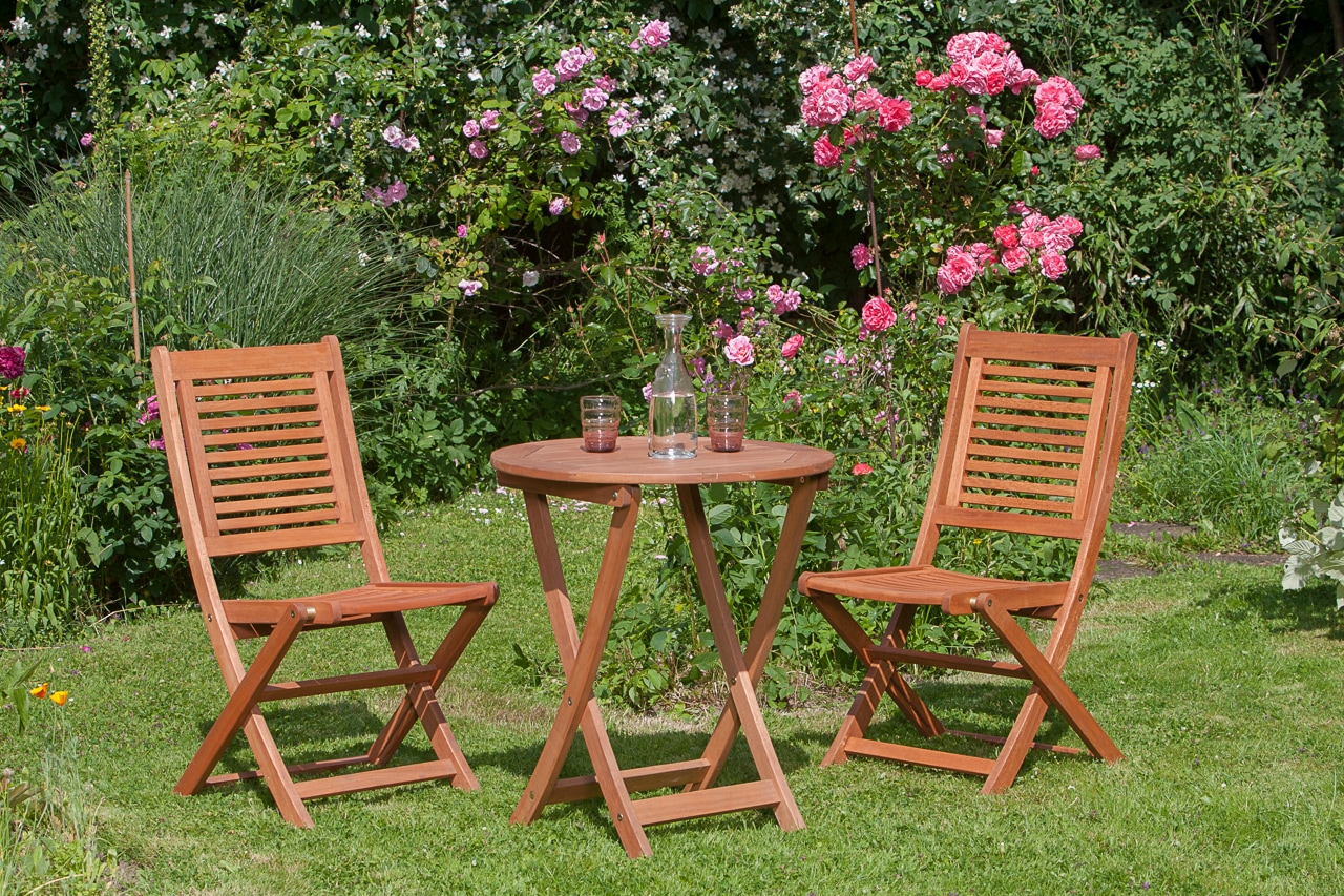 MERXX Garten-Essgruppe »»Cordoba«« Set, Geöltes Eukalyptusholz, 3 Stk. tlg. Tisch klappbar: Øx H: 65x75 cm