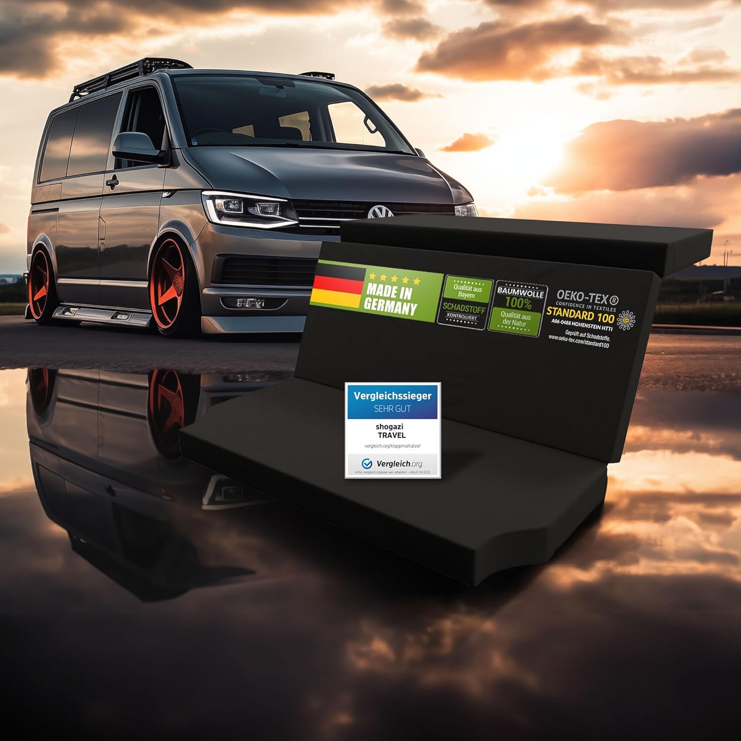 SHOGAZI® Klappmatratze 150×190×12 cm – Auto-Matratze für VW T5, T6, T6.1 Multivan & California Beach – faltbar, Kaltschaum, Baumwolle – Made in Germany – VERGLEICHSSIEGER