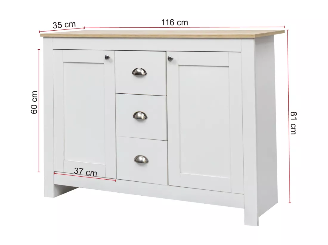 Buffet en bois blanc chaud avec 2 portes et 3 tiroirs,d116cm×h81cm