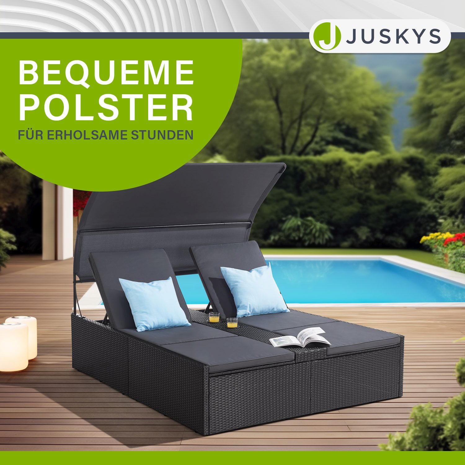 Juskys Polyrattan Doppelliege Syros - Outdoor Liege mit Dach & Auflagen - Sonnenliege Schwarz