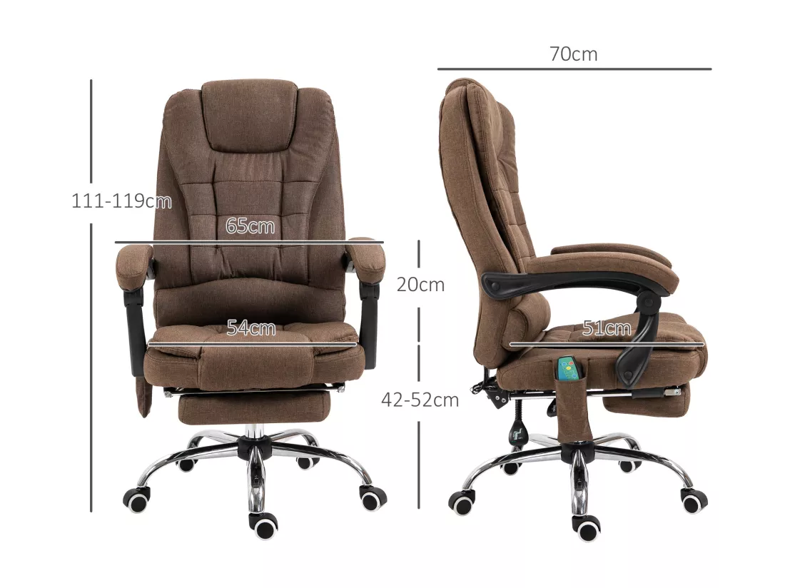 Fauteuil de bureau direction massant chauffant hauteur réglable dossier inclinable tissu aspect lin marron