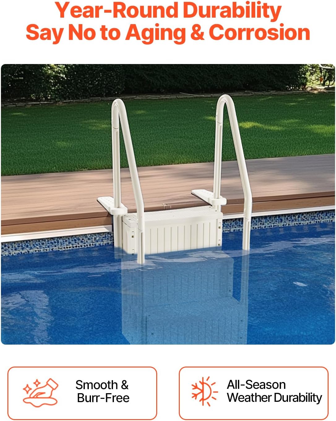 VEVOR Poolleiter, Kunststoff-Pooltreppe mit 2 Handläufen, 4 rutschfesten Stufen, 180 kg Tragkraft, Schwimmbadtreppe für 122-137 cm große Einbaupools, Terrasse, Haus, Innen, Außen, Weiß