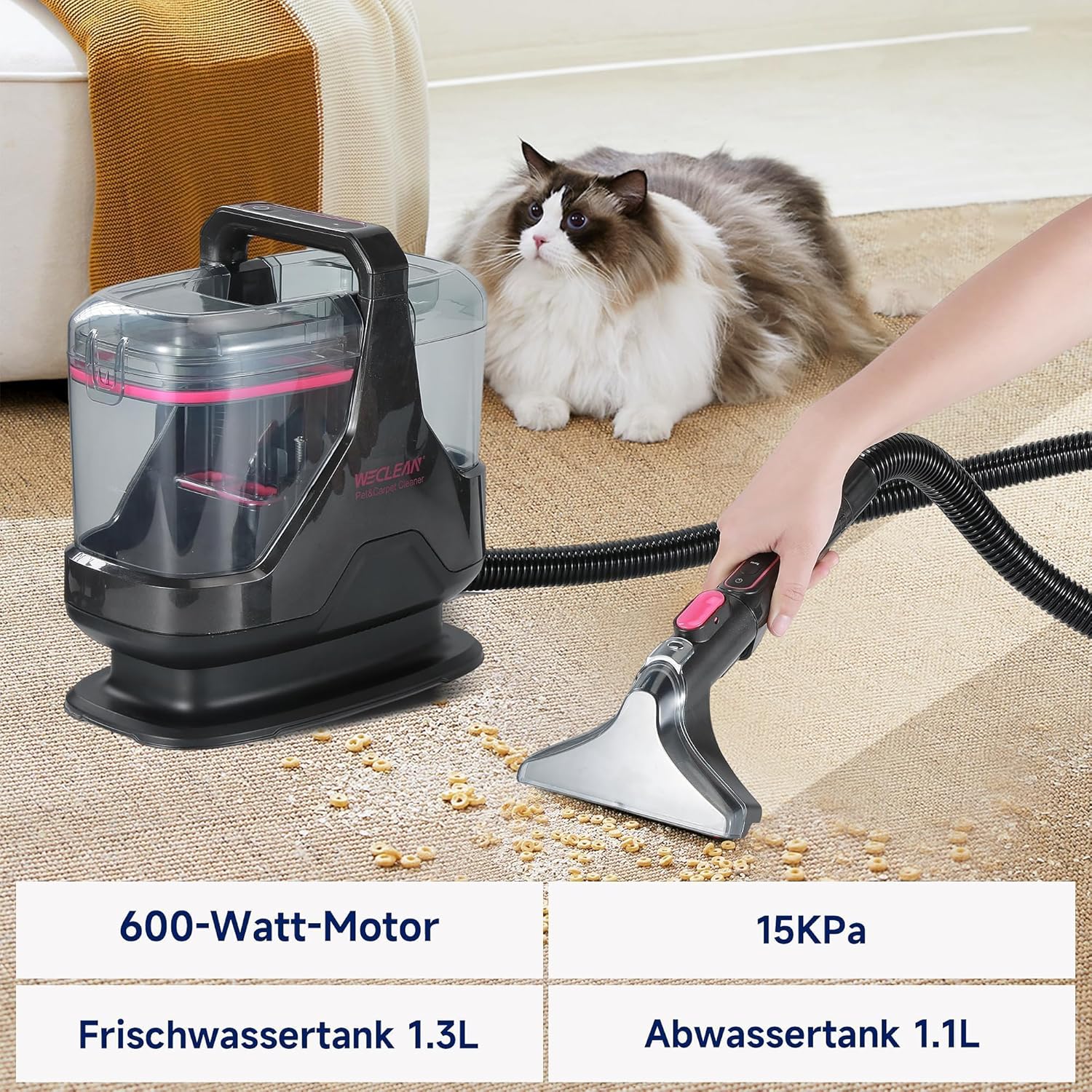 WECLEAN C3 Waschsauger, 600W 18Kpa Nasssauger Polsterreiniger Gerät,Fleckenreiniger für Teppiche, Sofas, Treppen, Fenster, Spiegel, Polstermöbel, Autos, Schwarz and Rosa