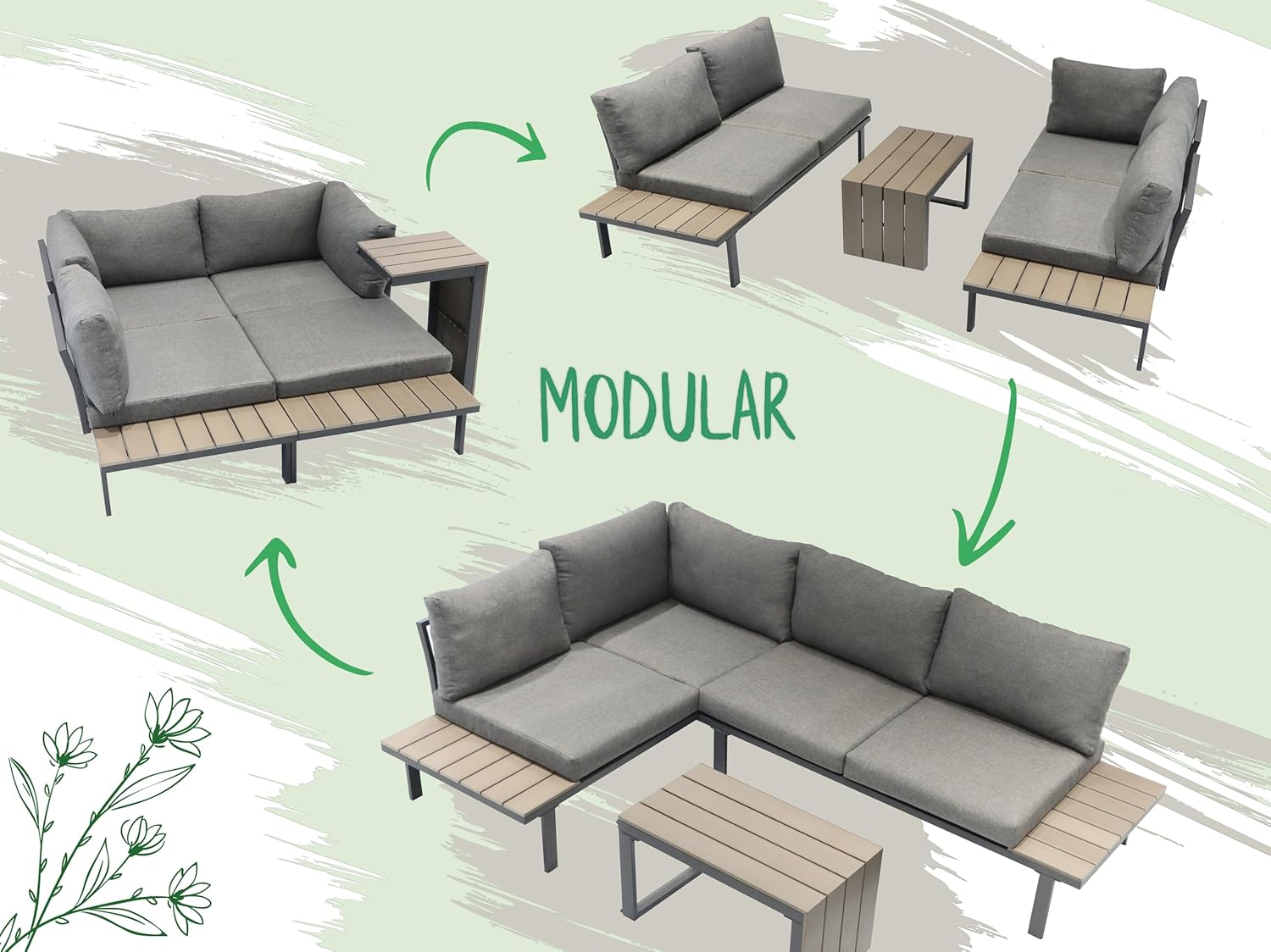 Koll Living Premium Lounge Set Calea – Modulares Gartenmöbel Set in Holzoptik – 3-TLG. Outdoor Sitzgruppe mit 2 Sofas, Tisch & Kissen – Wetterfest für Terrasse & Balkon - Exra Dicke Kissen