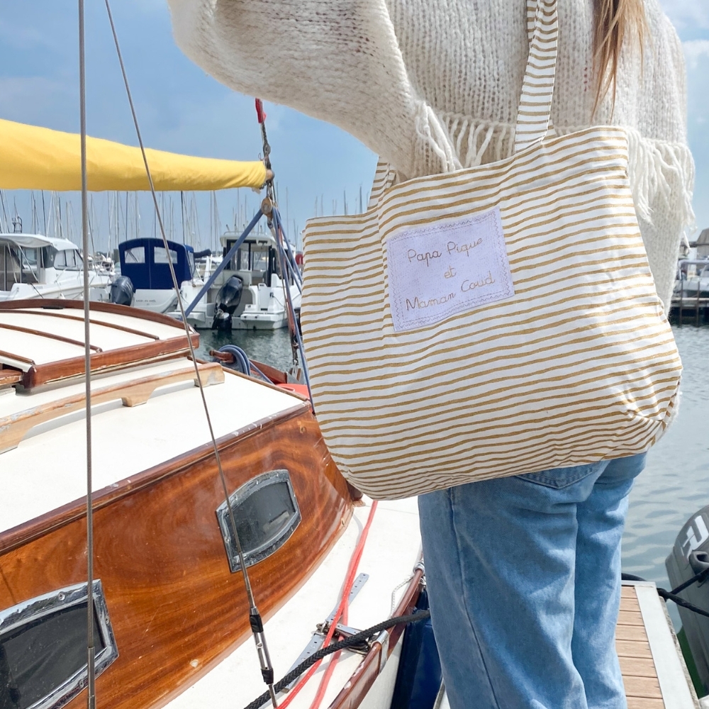 Sac Tote Bag Pliable Rayé Or Blanc