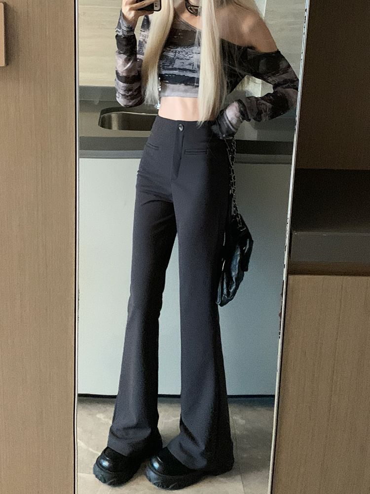 Flowerisque - Hoge taille effen uitlopende broek