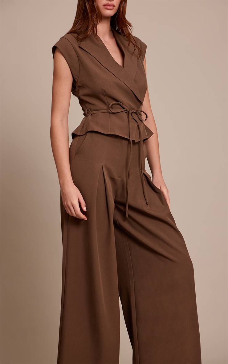 Chocolat Combinaison-pantalon Ample À Taille Nouée En Tissu Tissé Ajusté