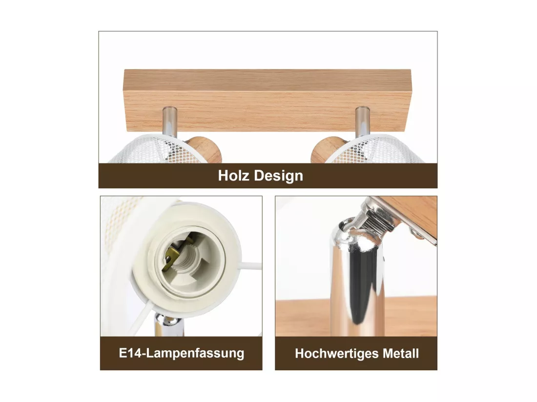 NETTLIFE Plafonnier 2 Spots blanc aspect bois - plafonnier E14 orientable 350° 4 ampoules max 25w moderne pour salon chambre cuisine.