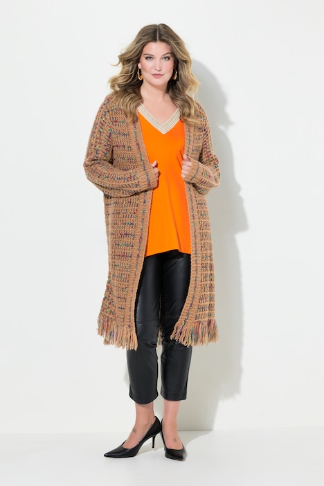 Long-Strickjacke, Straight Fit, Fransensaum