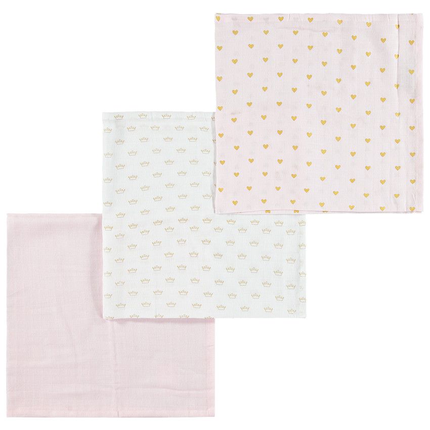Set de 3 langes en coton tétra à motifs fantaisie - Rose