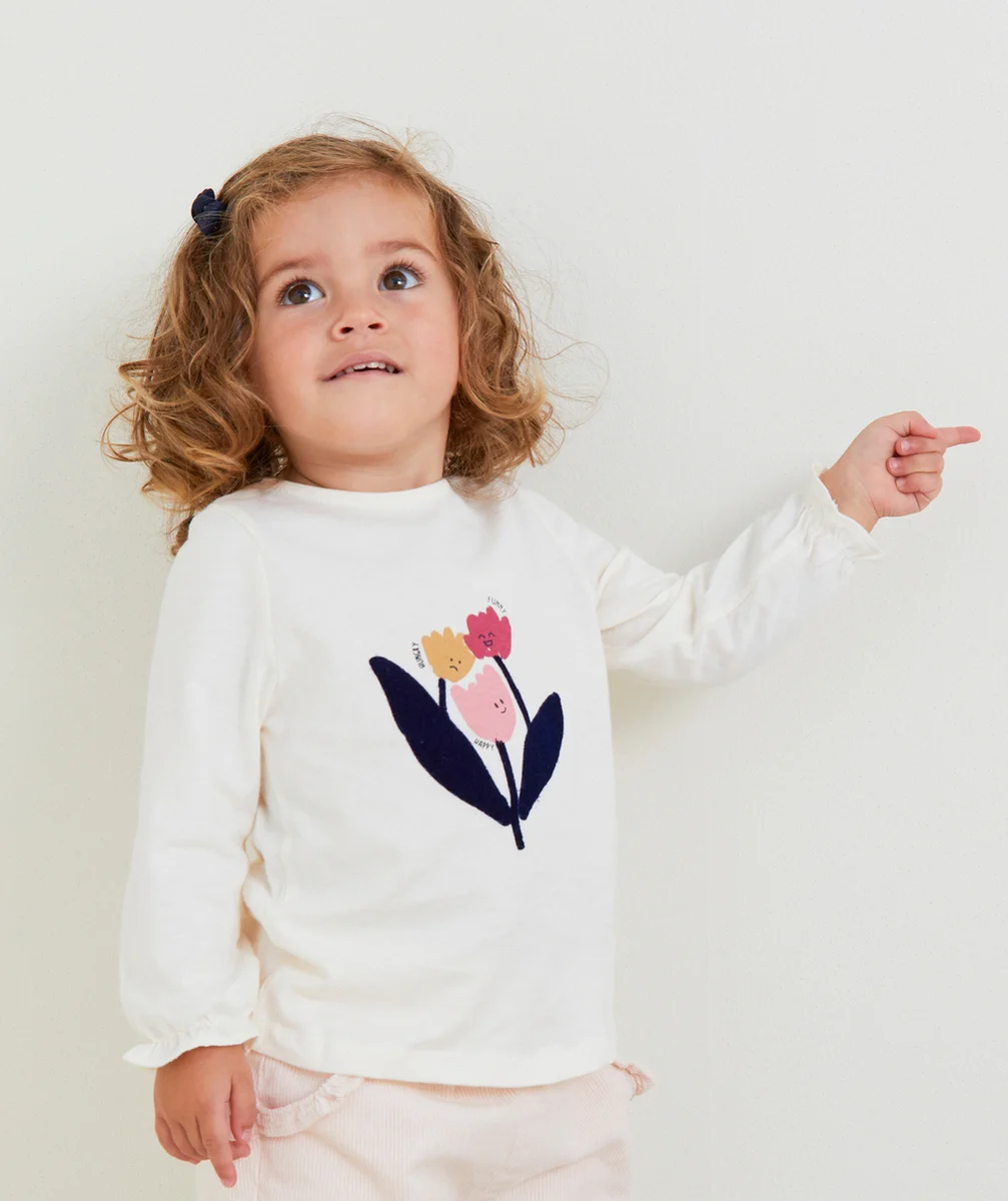 T-SHIRT BÉBÉ FILLE EN COTON BIO ÉCRU AVEC FLEURS
