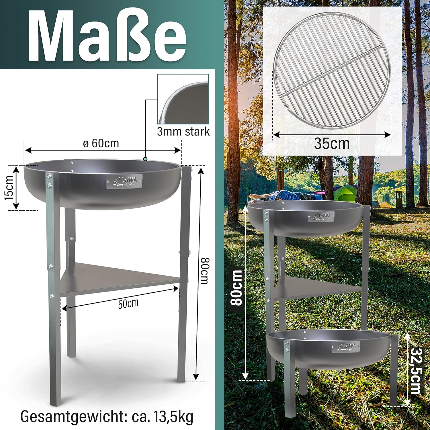 Edelstahl Feuerschale 60cm V2A / 304 18/8 Stahl 3 Höhen Set Abdeckhaube Feuerrost Feuerhaken Klöpperboden Feuerstelle Outdoor Grill Terrassenfeuer Rund Dreibein Garten Grillschale Feuerkorb Terrasse