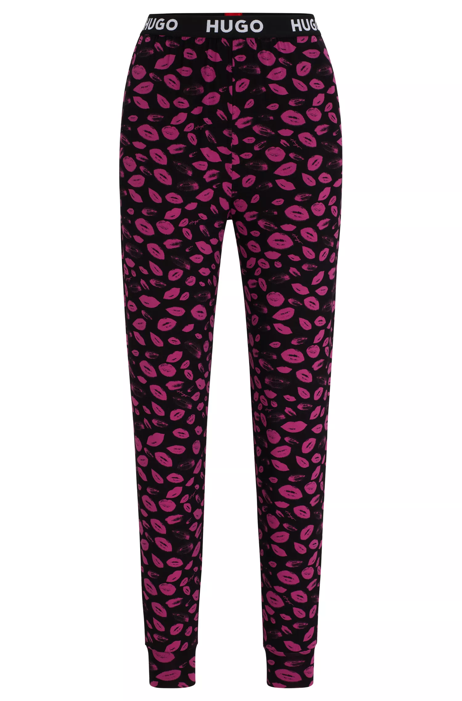Calça de pijama HUGO com punhos vermelhos e logotipos originais escritos à mão.