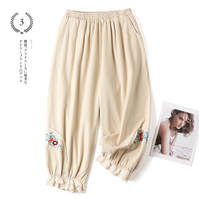 CosmoCorner - Corduroy cropped harembroek met elastische taille en bloemenborduursel