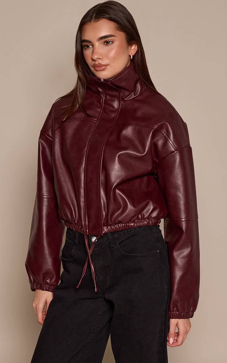 Rouge Bordeaux Veste Col Montant En Synthétiquecuir À Ourlet Bouffant