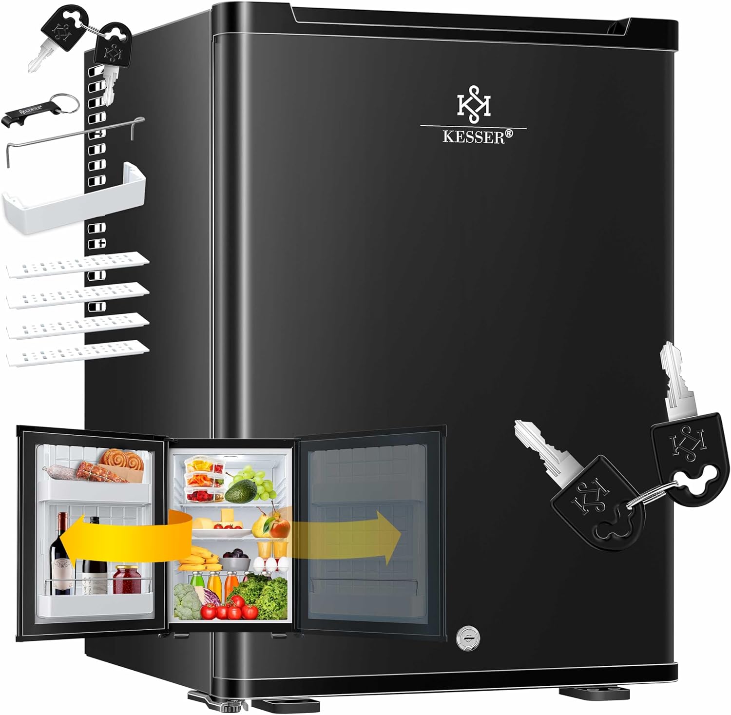 KESSER® Mini réfrigérateur avec Serrure, Mini Bar de 40 l, Silencieux, 22 DB, verrouillable, Chambre à Coucher, butée de Porte Amovible, env. 4 à 16 °C, Hauteur 57 cm, éclairage intérieur