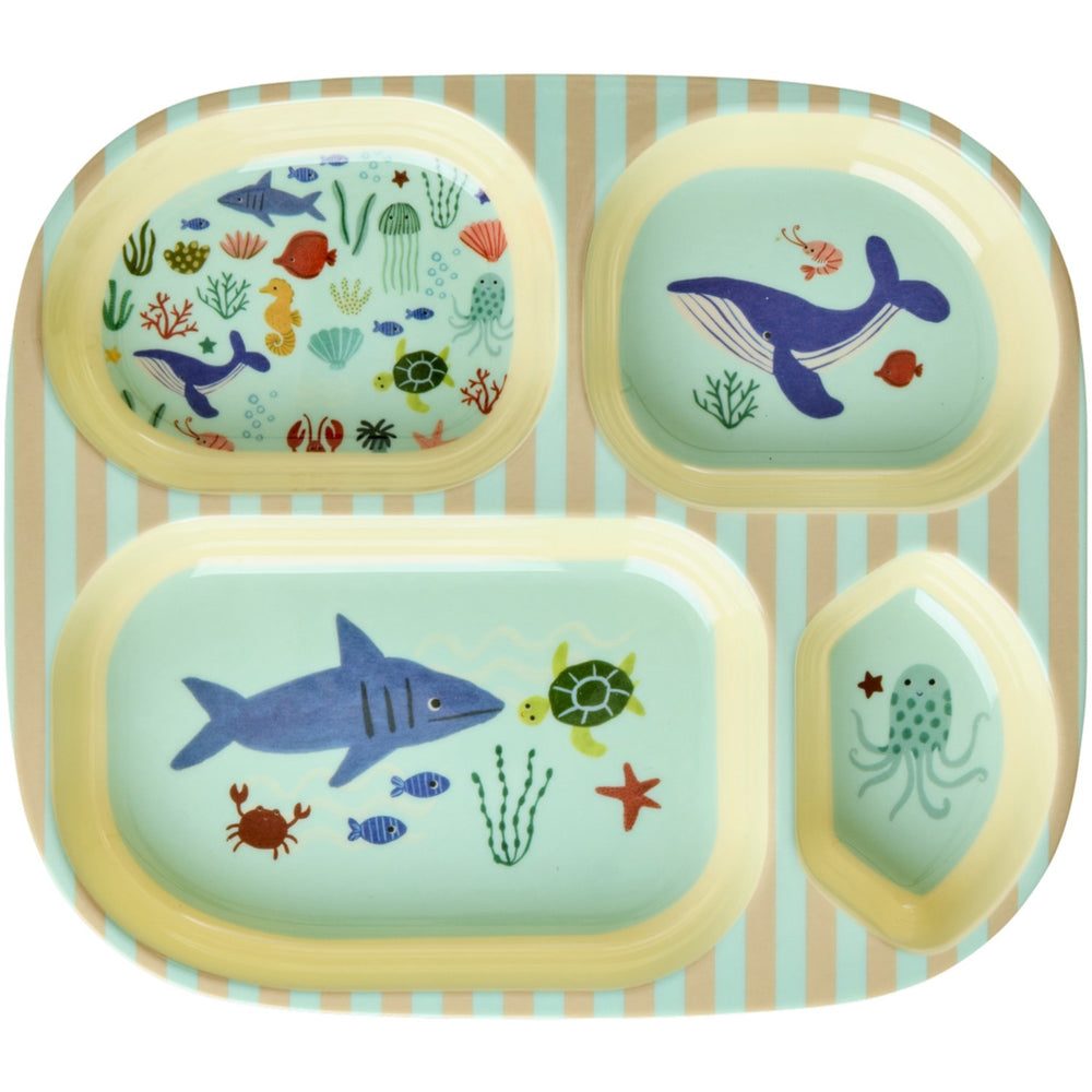 Køb Rice Blue Ocean Print Melamine Kids 4 Rums Tallerken