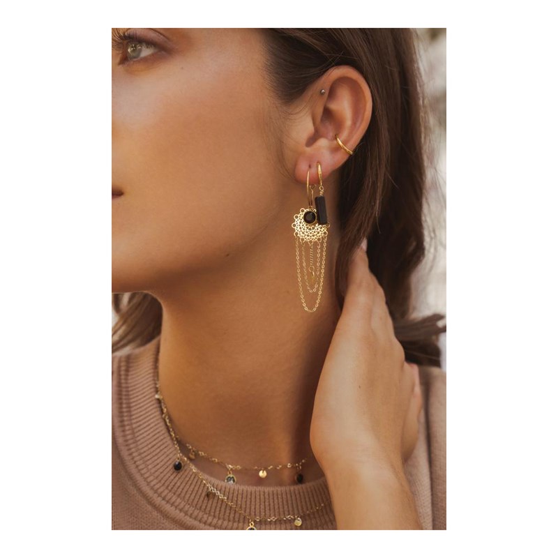 Boucles d'oreilles pendantes en acier dorées avec chaîne orné d'une pierre de crytal noire