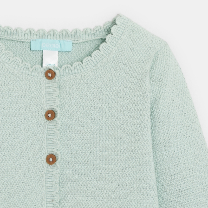 Gilet tricot maille fantaisie bords bourdon vert bébé fille