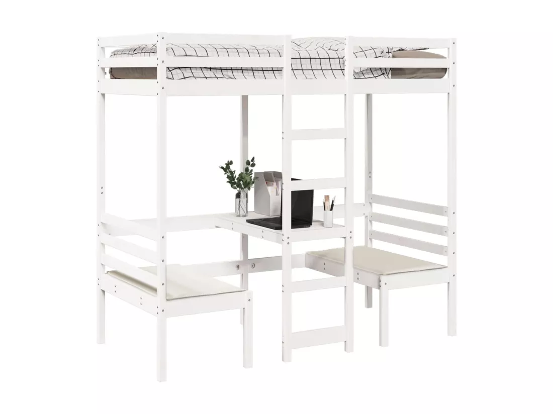 Lit mezzanine avec bureau et chaises blanc 75x190 cm pin massif