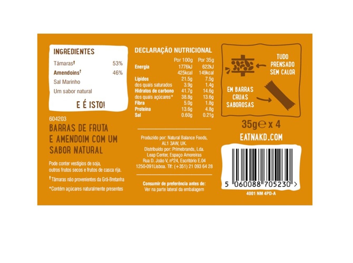 BARRAS NAKD CRUAS FRUTA AMENDOIM DELIGHT 4X35