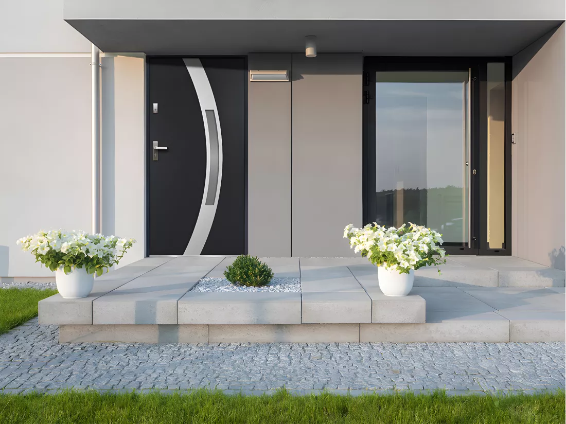 Porte d'entrée en acier vitrée avec inox H207 x L100 cm anthracite - poussant droit - TROFA