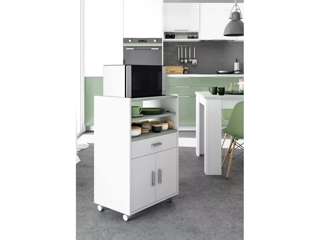 Chariot Dmatte, Armoire de cuisine auxiliaire à roulettes, Armoire polyvalente avec 2 portes et 1 étagère, 59x40h92 cm, Blanc