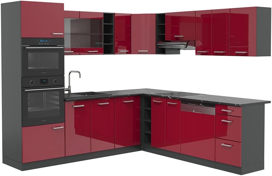 Vicco Eckküche R-Line, Rot Hochglanz/Anthrazit, 247 x 46 cm ohne Arbeitsplatte