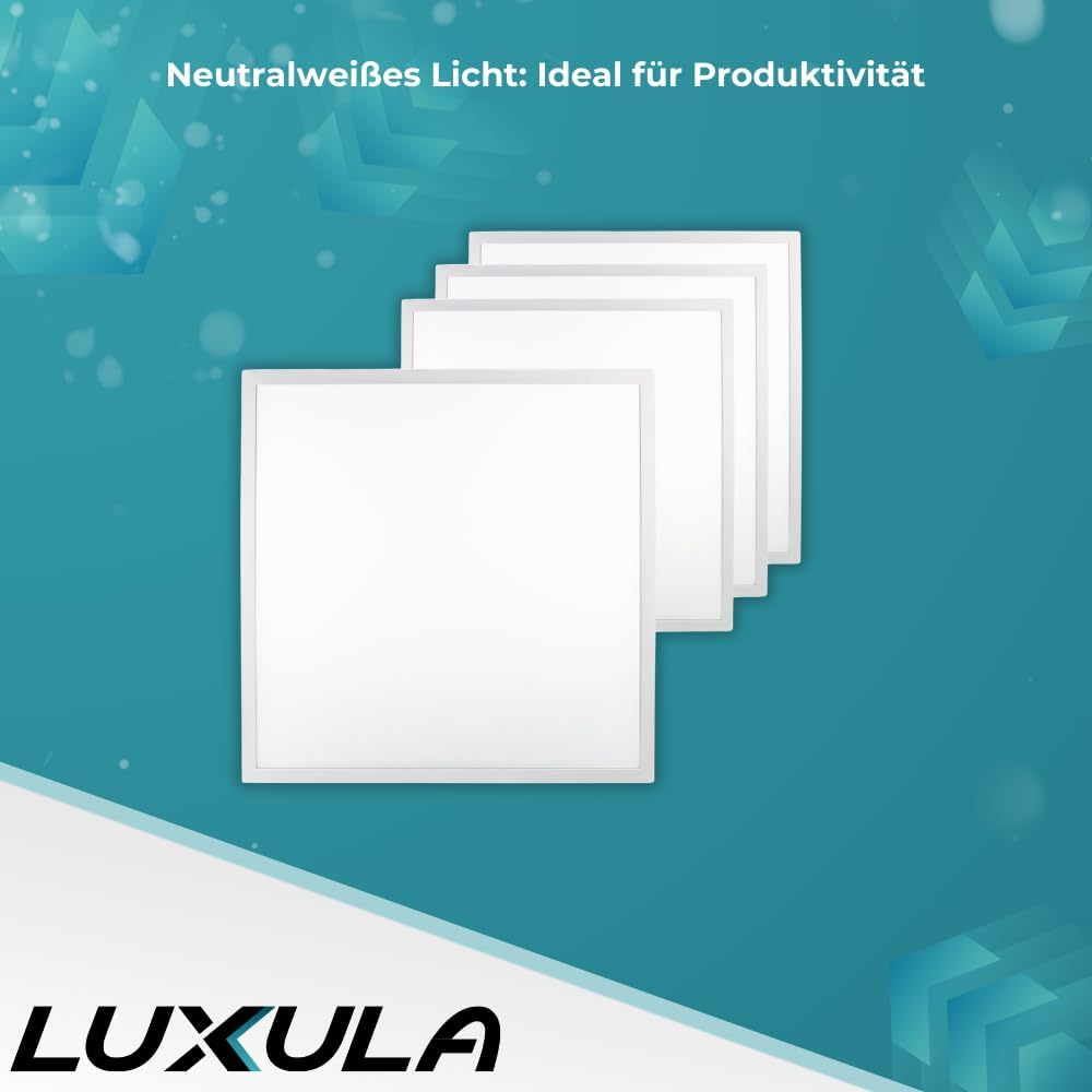 LUXULA 6x LED Panel 62x62cm Rasterleuchte - 36W 3600lm - 4000K Neutralweiß - flimmerfrei - mit Netzteil 230V - LED Deckenleuchte für Rasterdecke - Einlegeleuchte Büroleuchte Gewerbe