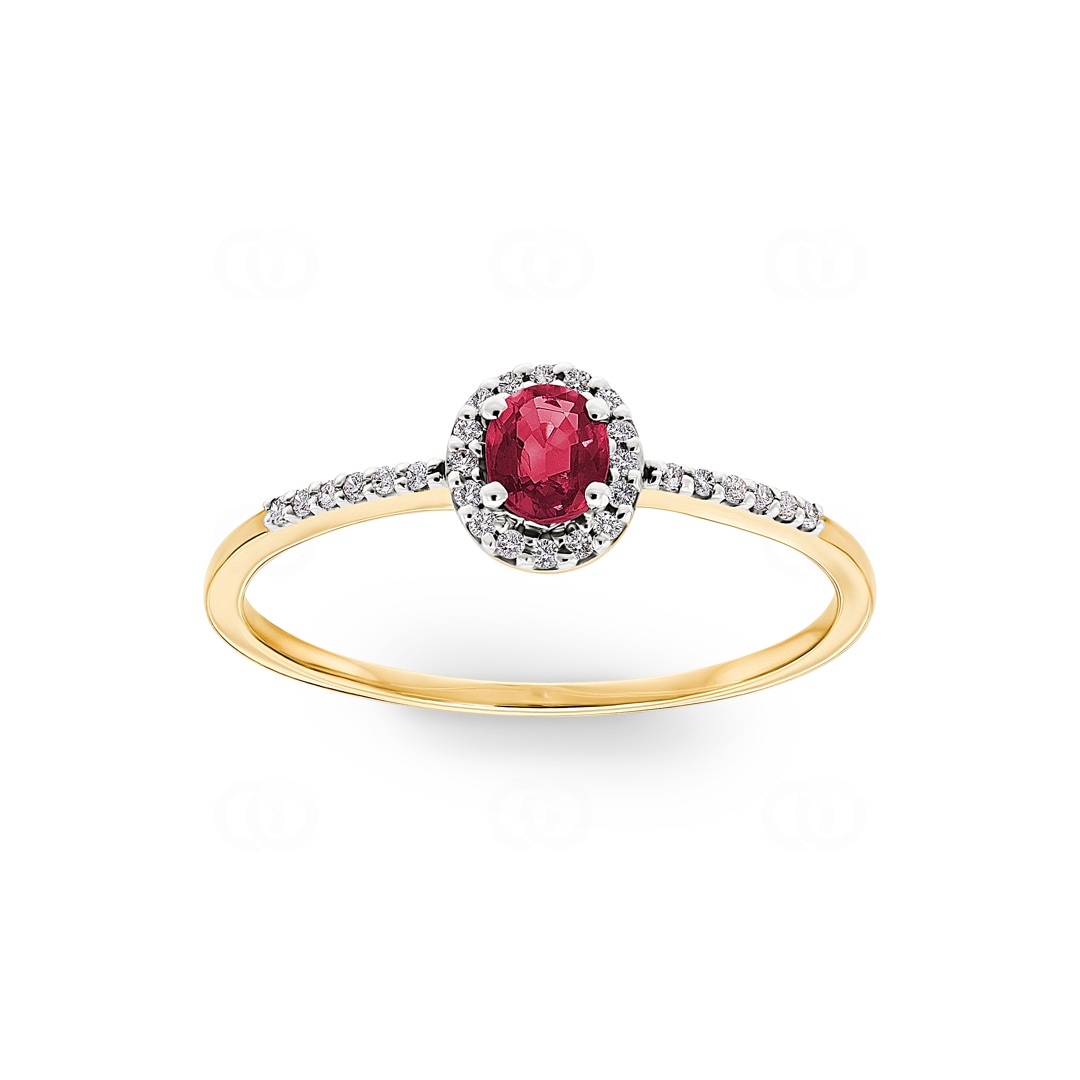 Damenring 750/18 K Gelbgold mit Rubin oval & Diamanten 0.08 ct H/si