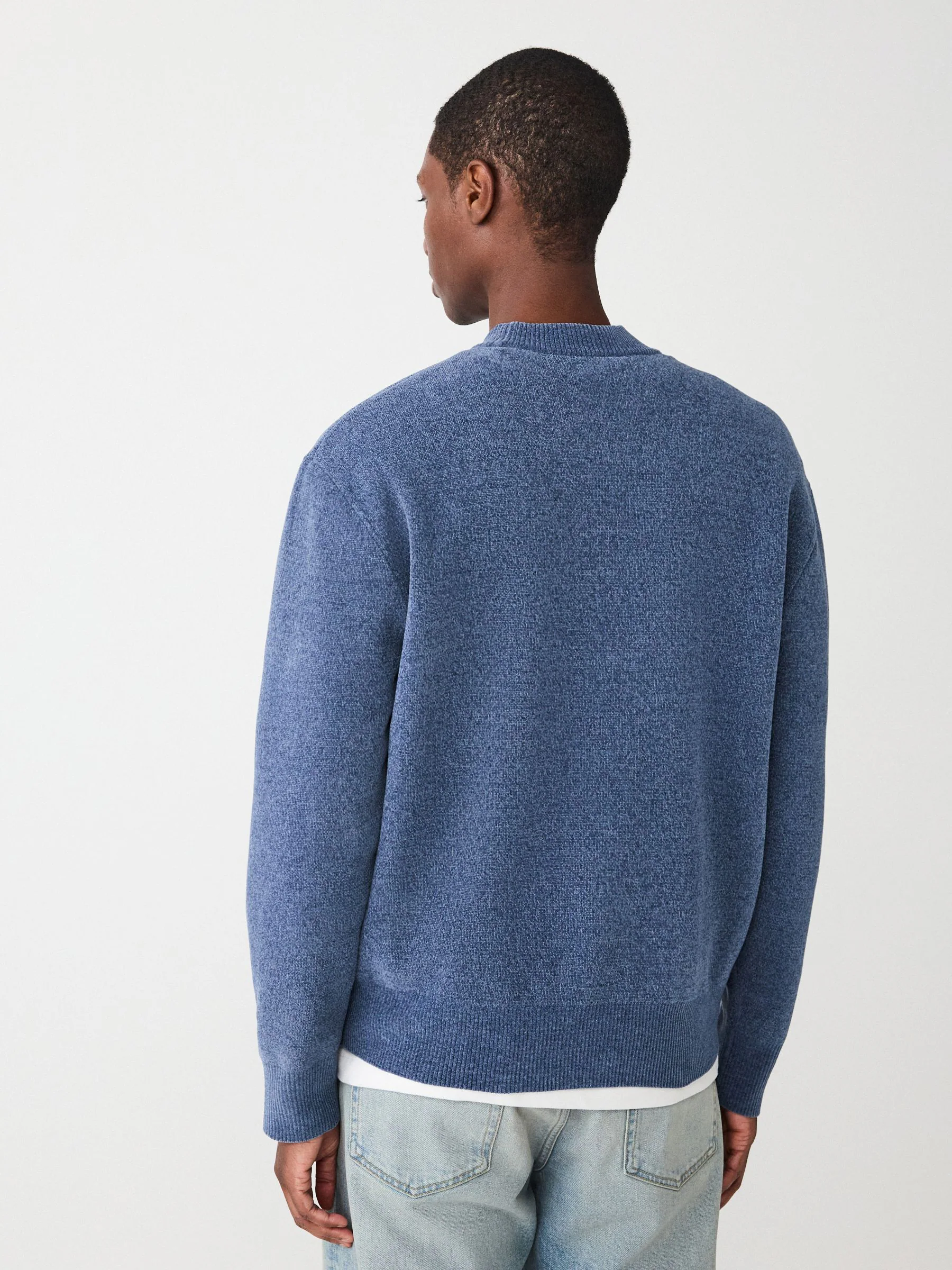 Blauw - Relaxed Fit Plain Chenille Crew Neck Jumper
