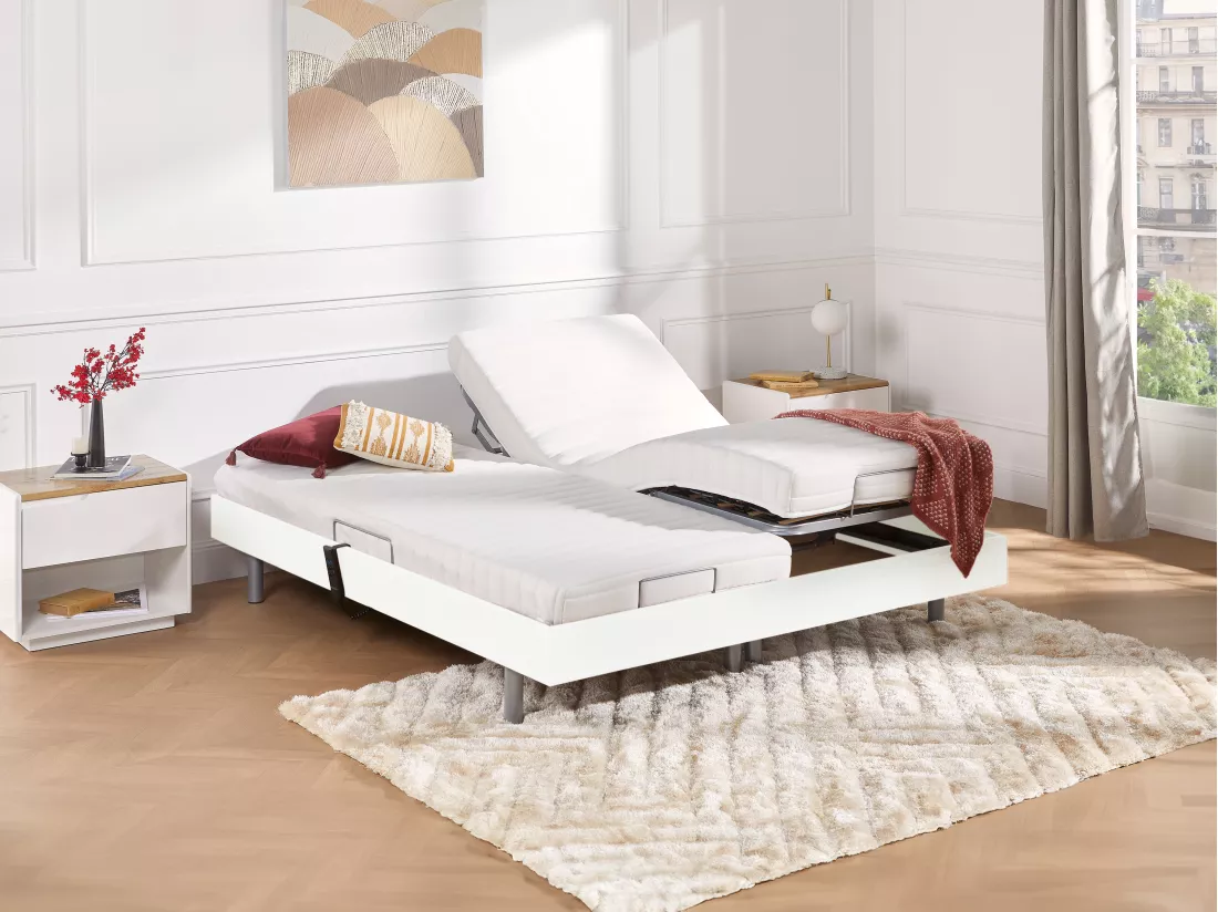 Lit électrique de relaxation tout plots + matelas latex - 2 x 70 x 190 cm - Blanc - CASSIOPEE III de YSMÉE