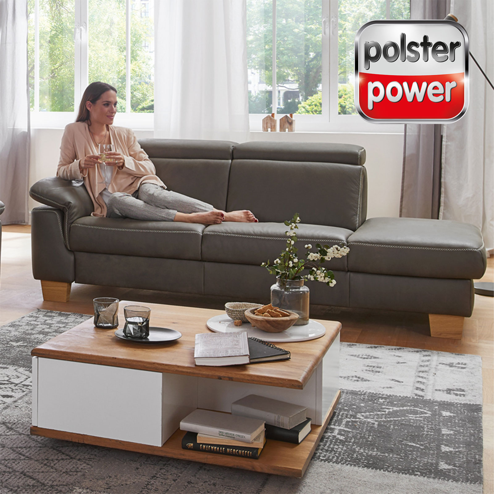 polsterpower 2,5-Recamiere Ledersofa - grau - Basismodell - Armlehne links