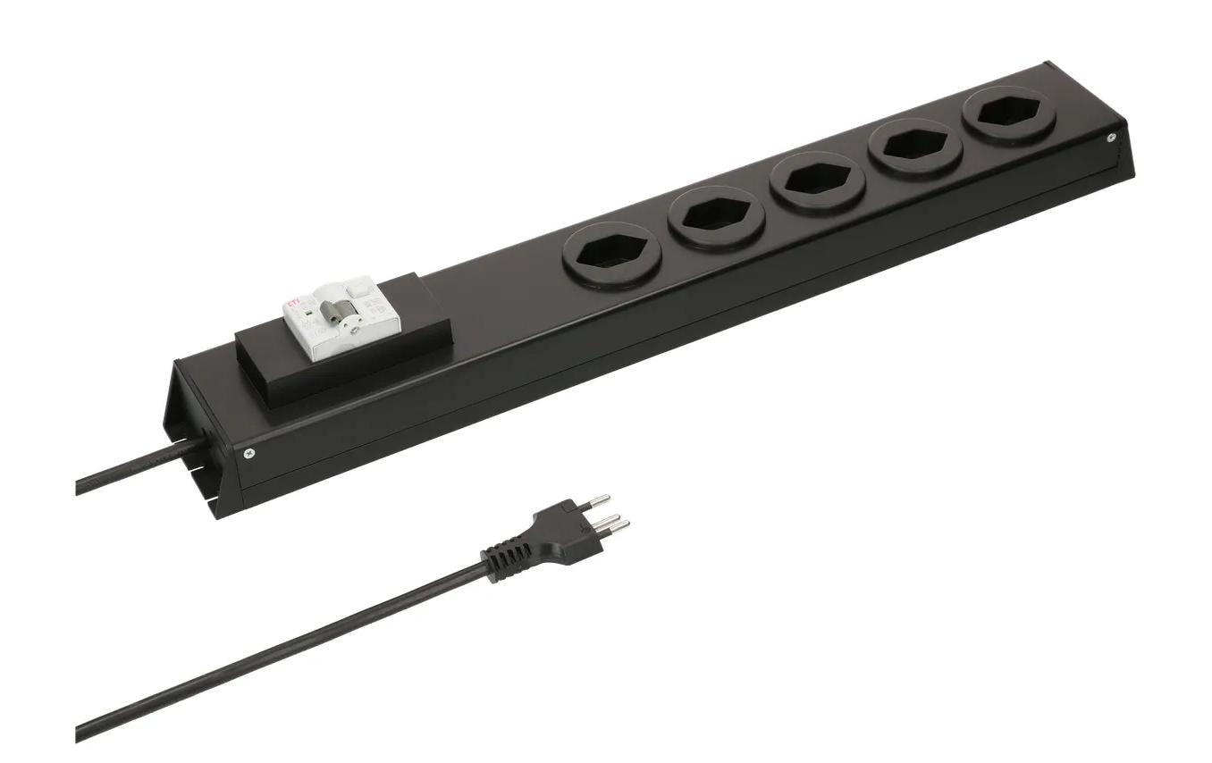 Steckdosenleiste Power Line 5x T13 mit Schalter<br>Schwarze Mehrfachsteckdose mit Fehlerstromschutzschalter FI/LS 30mA 10A
