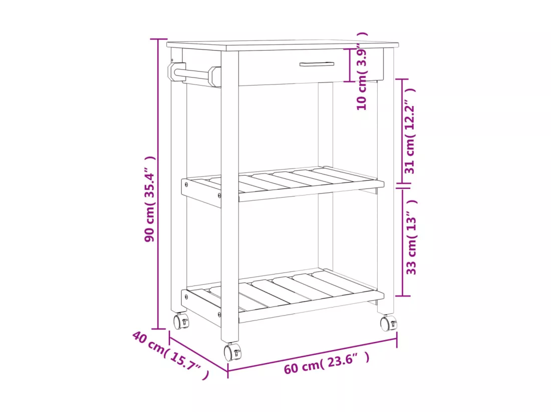 Chariot de cuisine MONZA 60x40x90 cm bois massif de pin