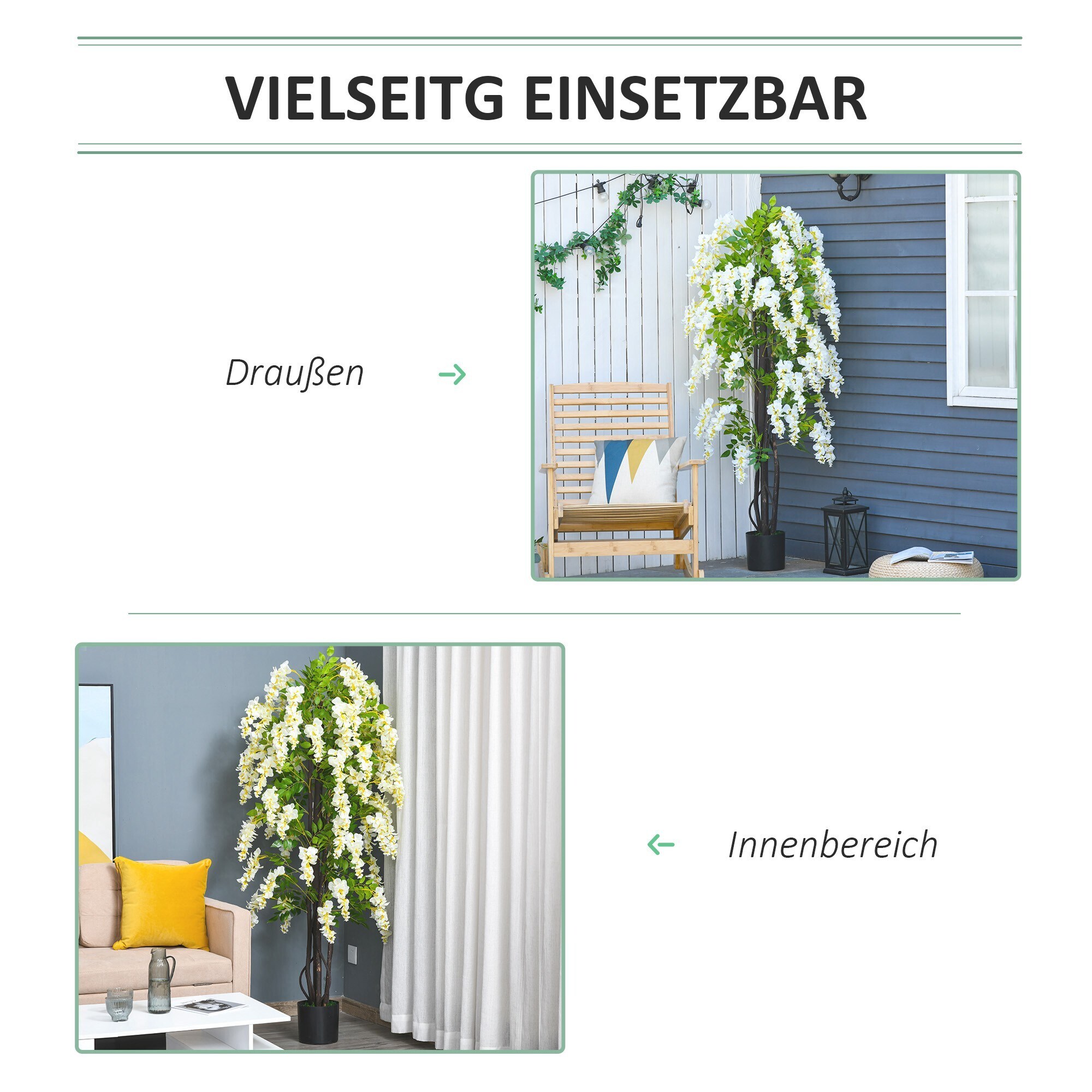 Outsunny Kunstpflanze mit weißen Glyzinien weiß, grün Ø24 x 165H cm