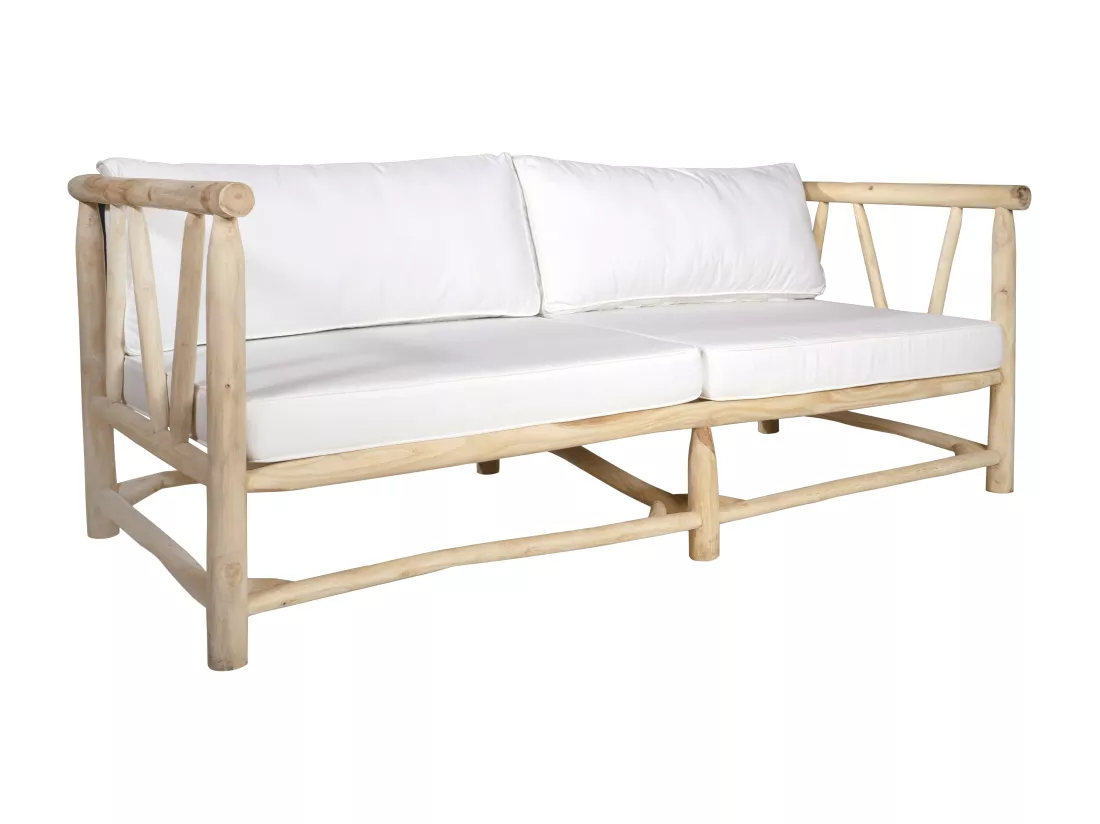 Canapé de jardin 3 places en teck avec coussins - Naturel clair et blanc - TULUM de MYLIA