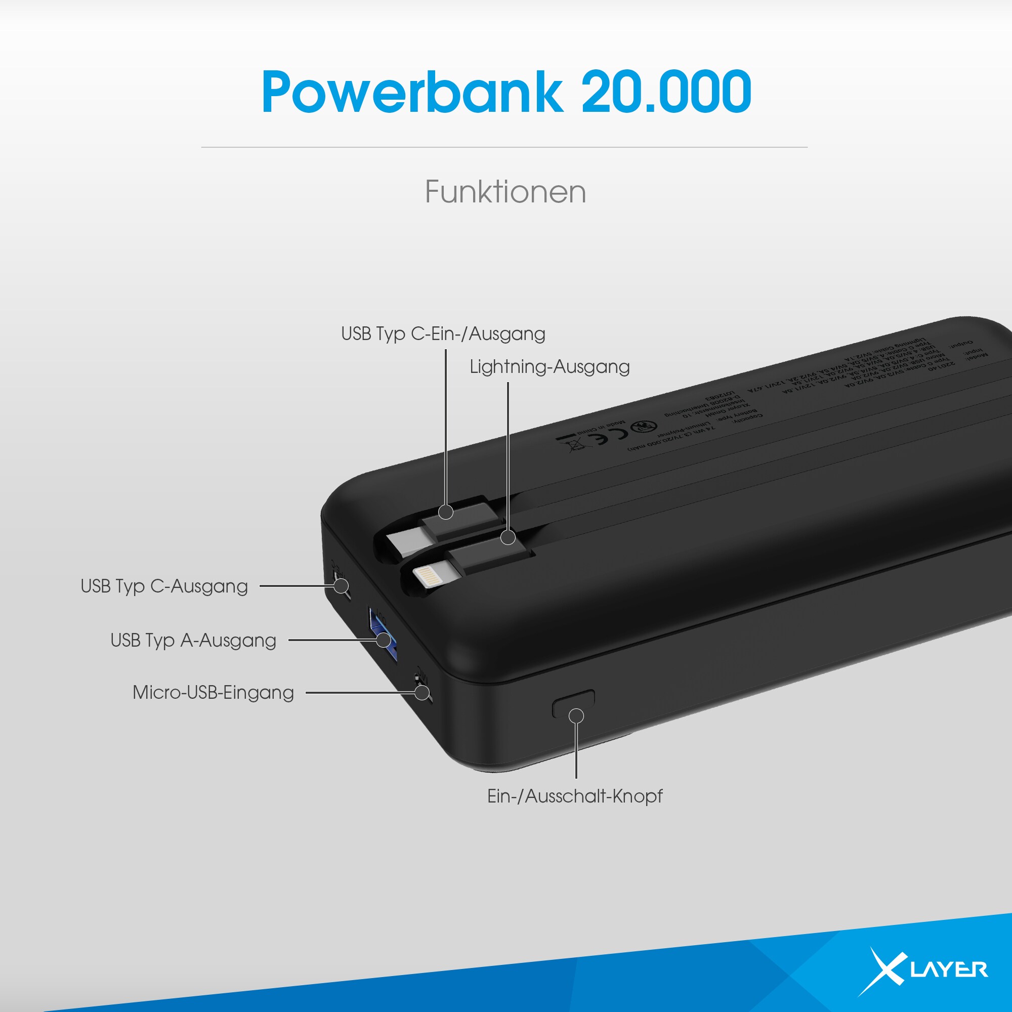 Xlayer Powerbank PD 20W 20.000 mAh integrierte Kabel USB-C und Lightning