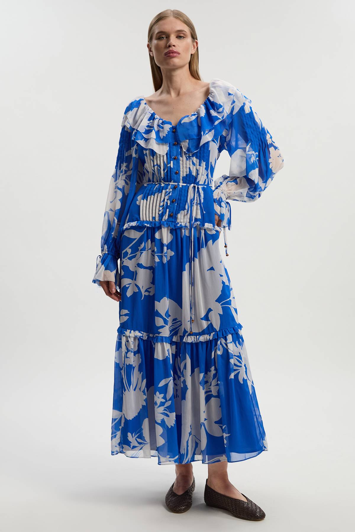KarenMillen Robe Maxi Tissée en Georgette Imprimée à Volants
