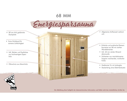 Energiezuinige modulaire sauna Karibu Benina inclusief 3,6 kW biooven en externe regeleenheid met dakrand, houten deur en geïsoleerd glas
