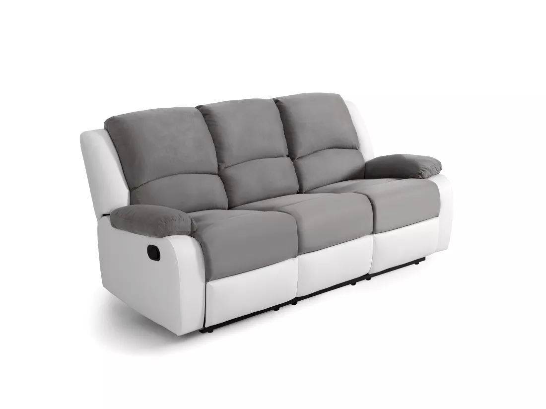 Canapé Relaxation 3 places Microfibre et Simili Léo - Blanc et Gris - L193 x 93 x 96cm - Loungitude