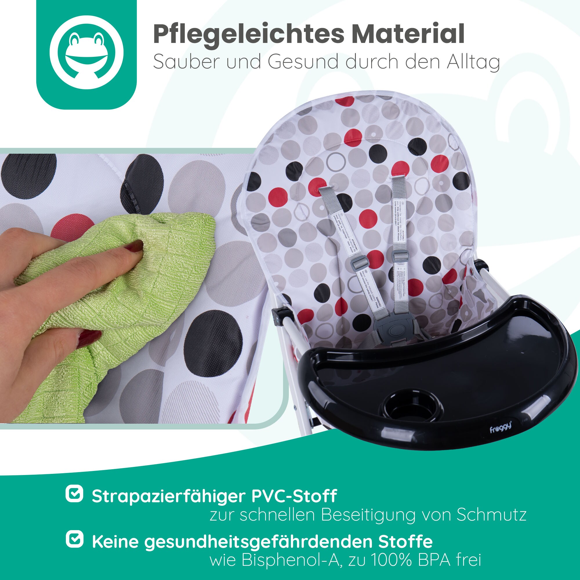 FROGGY Kinderhochstuhl klappbar Mika - kompakter Babystuhl, mit 5-Punkt Sicherheitsgurt, wasserdichte Sitzauflage, Tablett und Becherhalter, ab 6 Monate bis 15 kg | Schwarz
