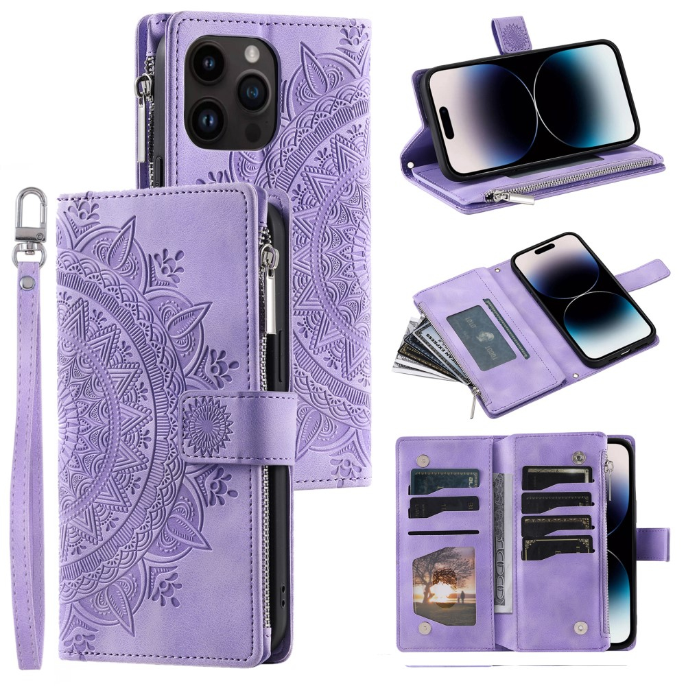 iPhone 15 Pro Leder Tasche Flip Cover mit Reissverschluss - Mandala Flowers Imprint - Lila